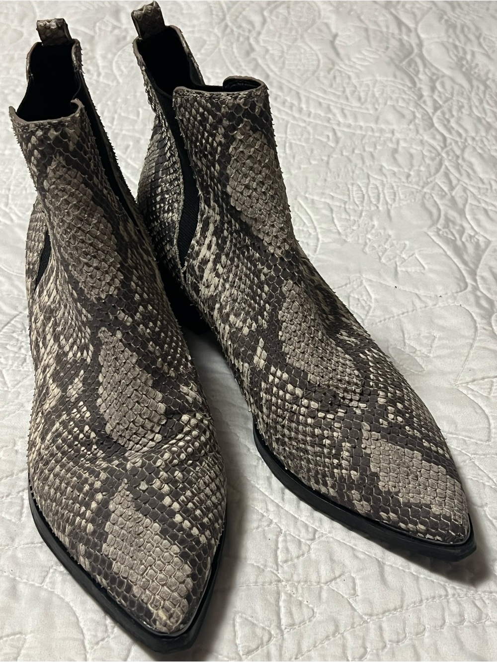 Marc Fisher Snake-Print Pointed Chelsea Booties - Taupe & Black